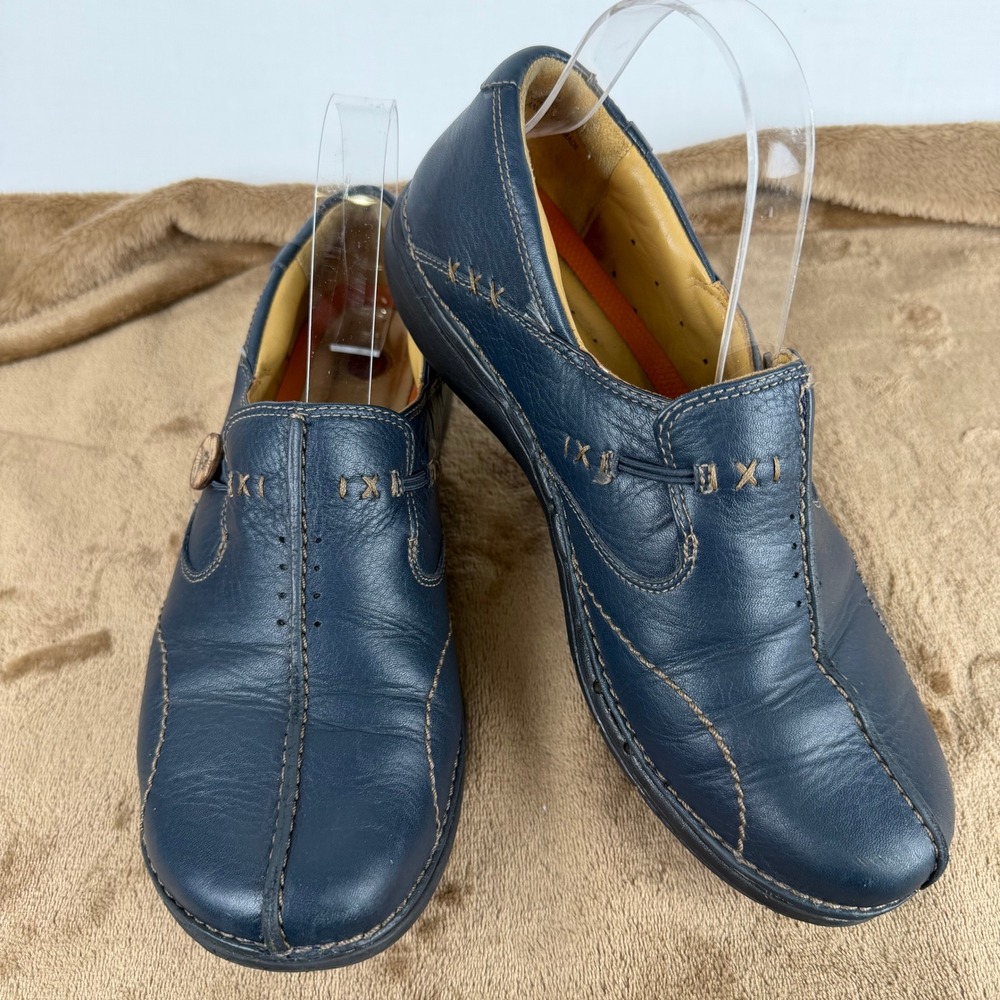 Clarks Structured Unstructured Navy Blue Leather Button Slip On Loafers Womens 9